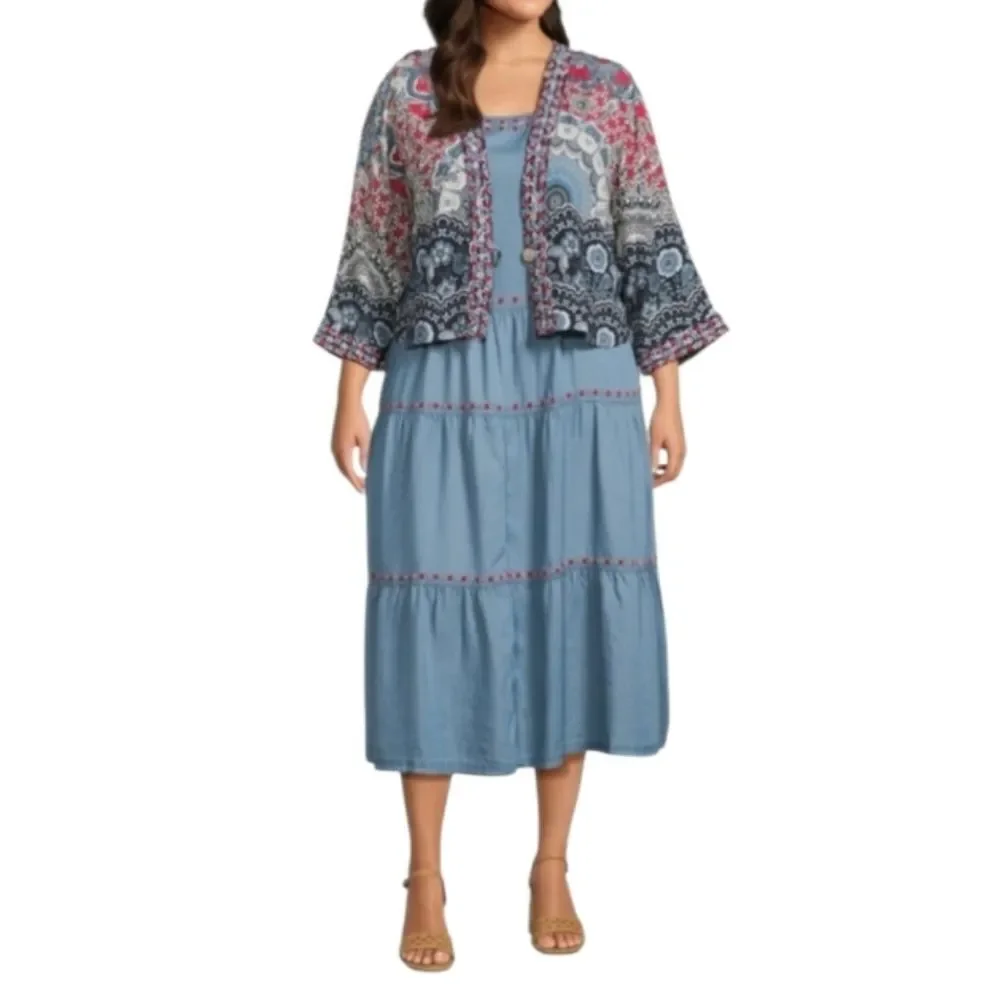 John Mark Sleeveless Tiered Dress & Printed Kimono Bolero Set Plus Size NEW